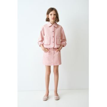 Jacheta de denim cu detalii brodate - Roz pastel