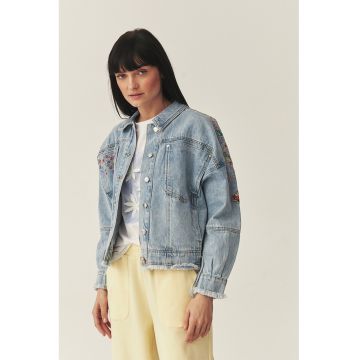 Jacheta din denim cu broderii florale - Verde/Albastru deschis melange