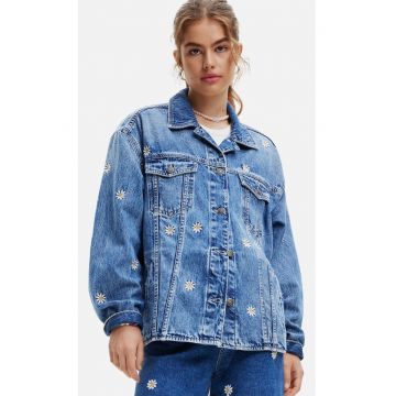Jacheta lejera din denim cu model floral -