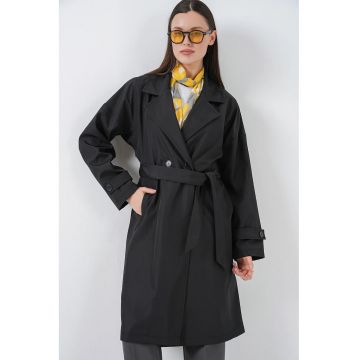 Palton dama  lung - negru - poliester - cu cordon