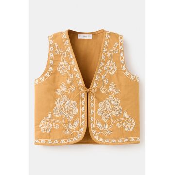 Vesta cu broderii florale - Alb/Portocaliu pal