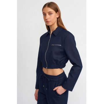 Geaca bomber  femei - albastru marin - fermoar - lunga - crepe