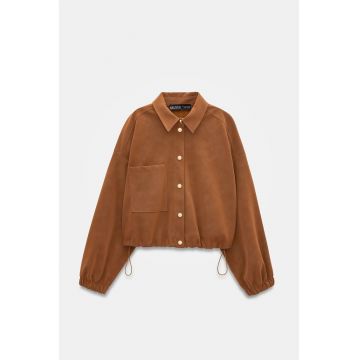 Geaca bomber  oversized din piele intoarsa faux - maro nuc - lunga - cu nasturi - pentru femei