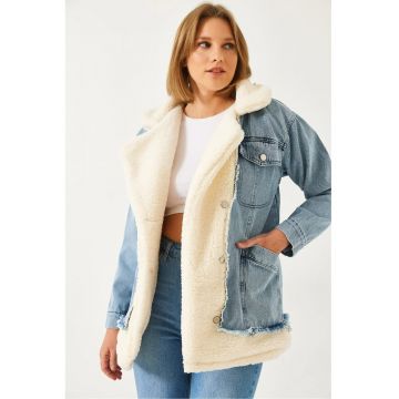 Geaca dama - HiCCUP - denim - cu guler - bumbac-poliester - albastru/alb