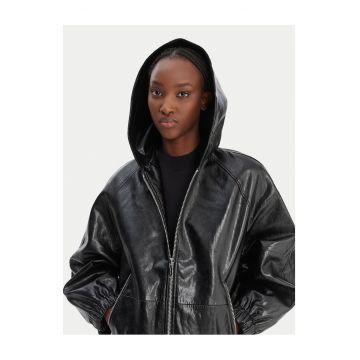 Geaca dama -  piele ecologica - fermoar - negru - 100% poliester
