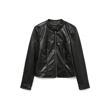 Geaca de imitatie de piele -  neagra - pentru femei -