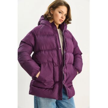 Geaca matlasata HiCCUP - midi - cu gluga - mov ametist - textil