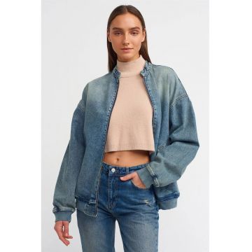 Geaca matlasata lunga -  denim albastru mediu - supradimensionata - fermoar - 100% bumbac