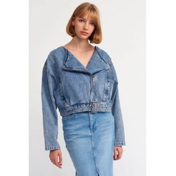 Geaca scurta dama  denim albastru mediu - cu curea - fermoar - 100% bumbac