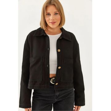 Jacheta scurta dama - piele ecologica brodata - HiCCUP - negru