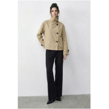Palton dama -  trenci scurt - bej natural - captusit - 100% poliester