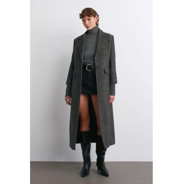 Palton lung -  gri antracit - casual - din tweed texturat - cu buzunar - pentru femei
