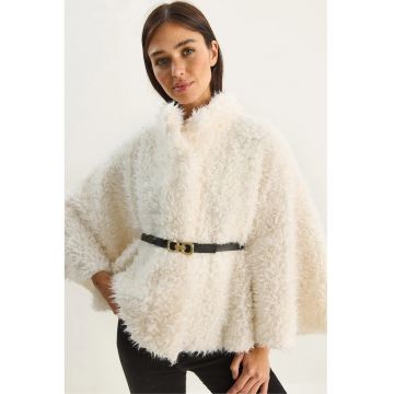 Palton scurt dama HiCCUP - supradimensionat - guler tip jacheta - textil - alb
