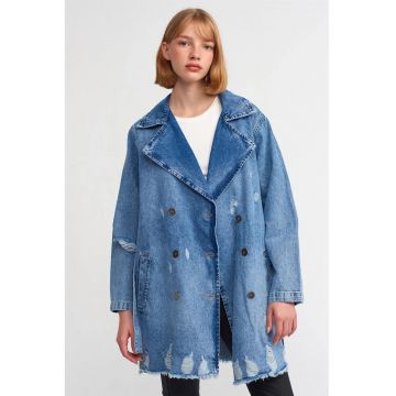 Trenci lung din denim -  casual - cu curea - albastru mediu - 100% bumbac