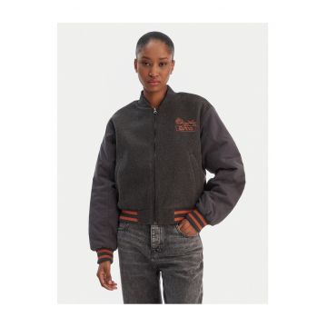 Geaca bomber dama -  gri - poliester - cu fermoar - buzunare cu fermoar