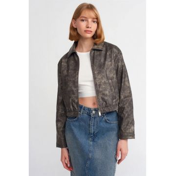 Geaca bomber scurta -  piele ecologica - gri antracit - imprimeu abstract - inchidere cu fermoar