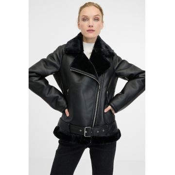 Jacheta din blana shearling sintetica cu fermoar asimetric - Negru