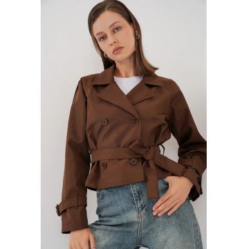 Palton dama -  trenci scurt - casual - cu curea - maro nuc - poliester