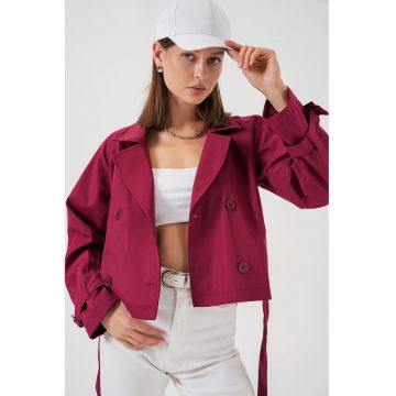 Palton dama -  trenci scurt - cu curea - rosu burgundy - poliester