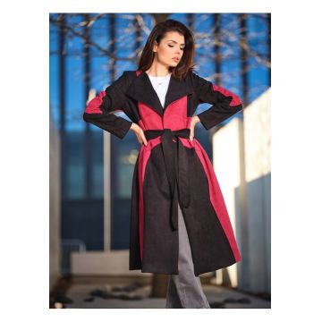 Palton elegant cu cordon in talie si croiala asimetrica pentru toamna - - Rosu inchis