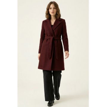Palton midi  cu cordon - rosu bordeaux - poliester si bumbac