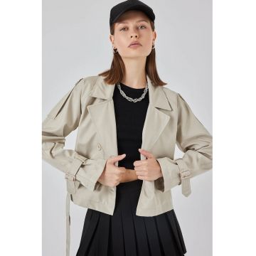 Trenci dama -  scurt - casual - cu curea - bej natural - poliester