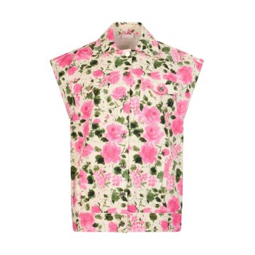 Jacheta cu maneci scurte si model floral - Roz/Crem