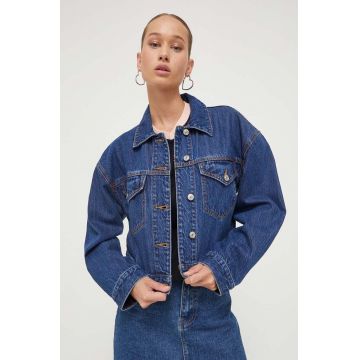 Abercrombie & Fitch geacă din denim femei, culoarea bleumarin, de tranziție, oversized
