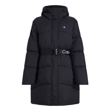 Geaca matlasata cu gluga si curea in talie - Negru