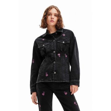 Desigual geacă din denim 23WWED33 WOMAN DENIM TRUCKER JACKET femei, culoarea negru, de tranziție