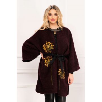 Capa eleganta grena din lana cu broderie mustar