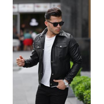 Geaca barbati neagra piele ecologica 12204 Geaca barbati neagra piele ecologica 12204