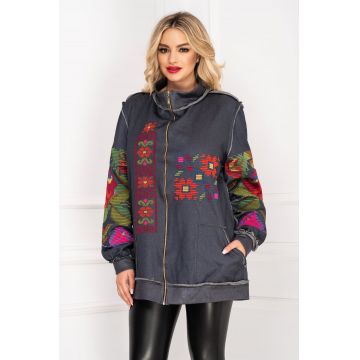 Jacheta casual gri din bumbac cu broderie florala