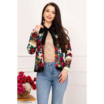 Jacheta ecru casual urban cu imprimeu neoetnic