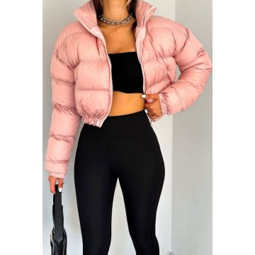Geaca dama Puffer Barbie, model crop cu buzunare laterale, Roz