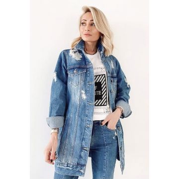 Geaca denim lunga DiSonia, cu perforatii pe toata linia croielii