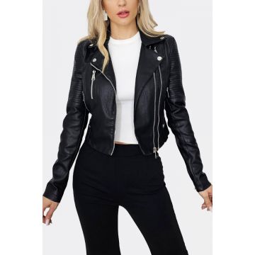 Geaca din piele ecologica Mazza, model biker si inchidere cu fermoar in doua variante, Negru