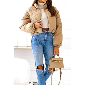 Geaca scurta 2 in 1, Twin, cu aspect matlasat si maneci detasabile, Crem, Marime S/M/L