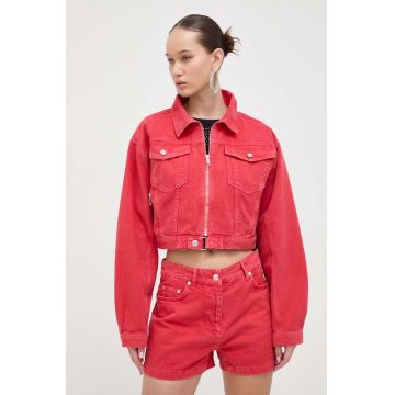 Moschino Jeans geacă din denim femei, culoarea roșu, de tranziție, oversized