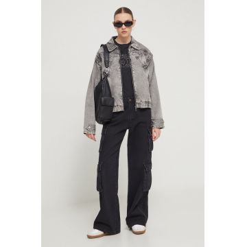 Desigual geacă din denim femei, culoarea gri, de tranziție, oversized