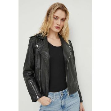 G-Star Raw geaca ramones de piele femei, culoarea negru, de tranzitie