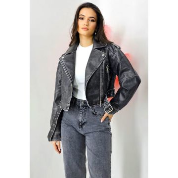 Geaca scurta San Luis, din piele ecologica, cu fermoar lateral si epoleti decorativi, Gri