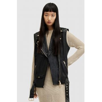 AllSaints vesta din piele BILLIE GILET femei, culoarea negru, de tranzitie, WL585Z