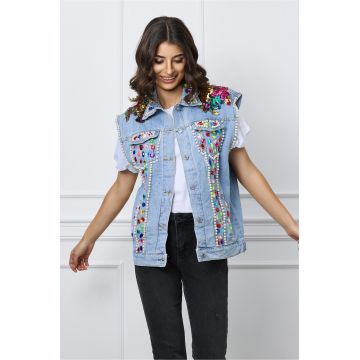 Vesta din denim cu strasuri colorate