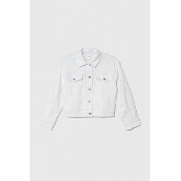 Abercrombie & Fitch geacă din denim pentru copii culoarea alb