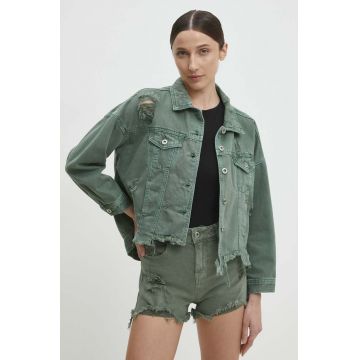 Answear Lab geacă din denim femei, culoarea verde, de tranziție, oversized