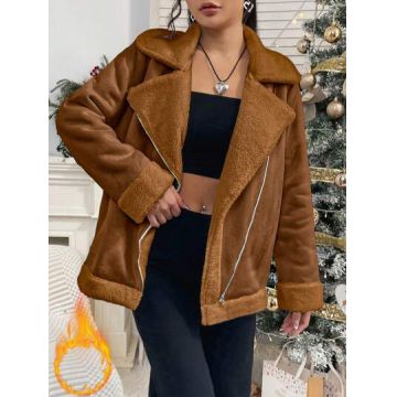 Jacheta cu fermoar si blana, maro, dama, Shein
