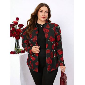 Jacheta cu imprimeu floral si fermoar, negru, dama, Shein