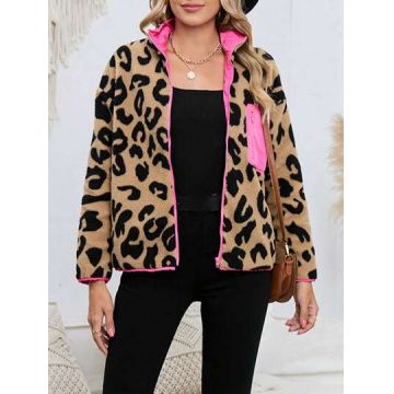 Jacheta cu imprimeu leopard si fermoar, maro, dama, Shein