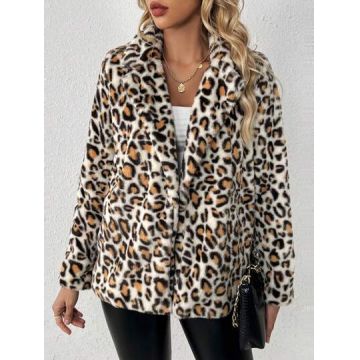 Jacheta din blana cu imprimeu leopard, maro, dama, Shein